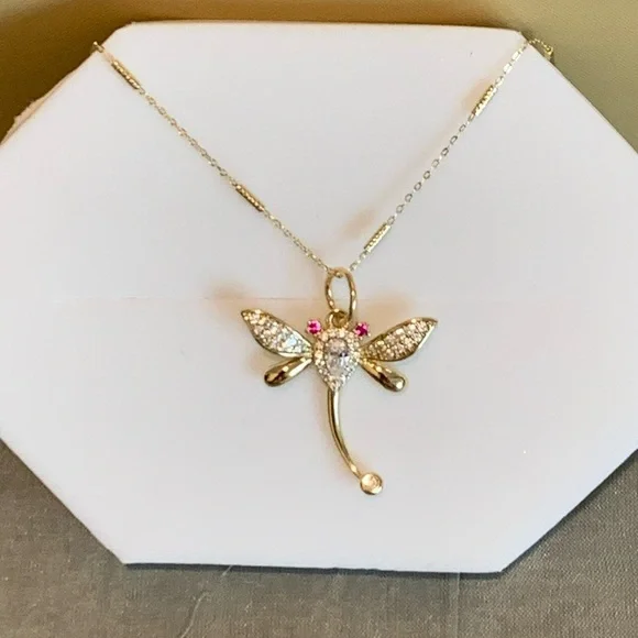 14 Gold Plated Dragonfly Pendant Necklace with zircons - Picture 3 of 5